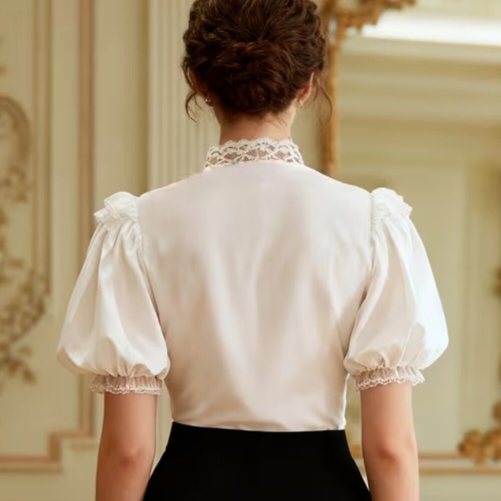 Vintage-Inspired Victorian Blouse Short Sleeve Button Front *LAST ONE* - Picture 5 of 5
